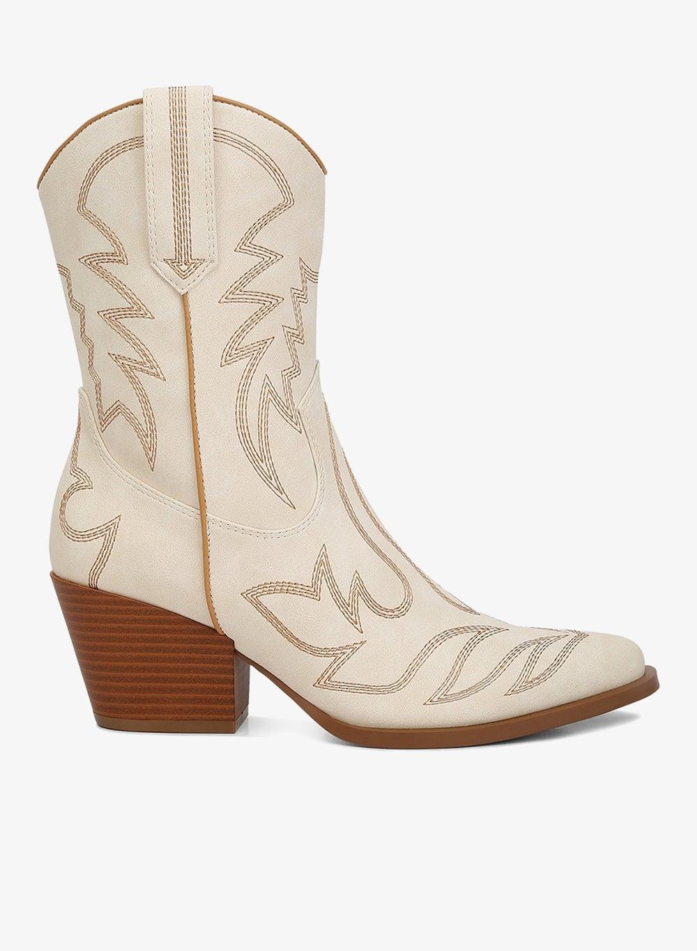 Cream Faux Leather Patchwork Embroidered Ankle Boots - Image 1