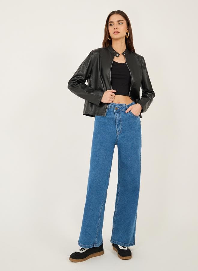 Styli High Rise Asymmetric Waist Straight Leg Jeans - Image 1