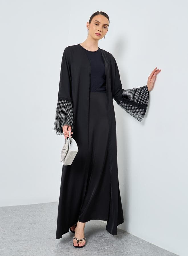 Mesh Insert Sleeve Open Front Abaya - Image 1