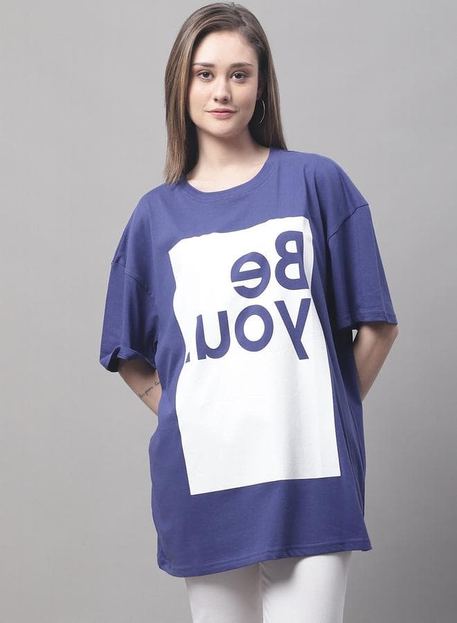 Women Navy Blue Oversized Graphic Print T-Shirt - Image 1
