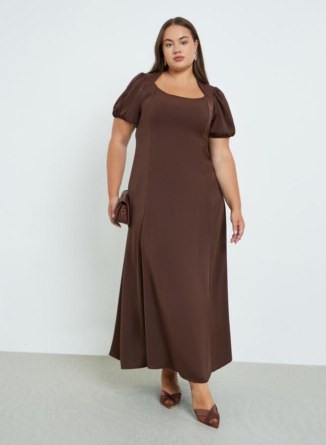 Styli Plus Size Square Neck Brown Maxi Dress - Image 1