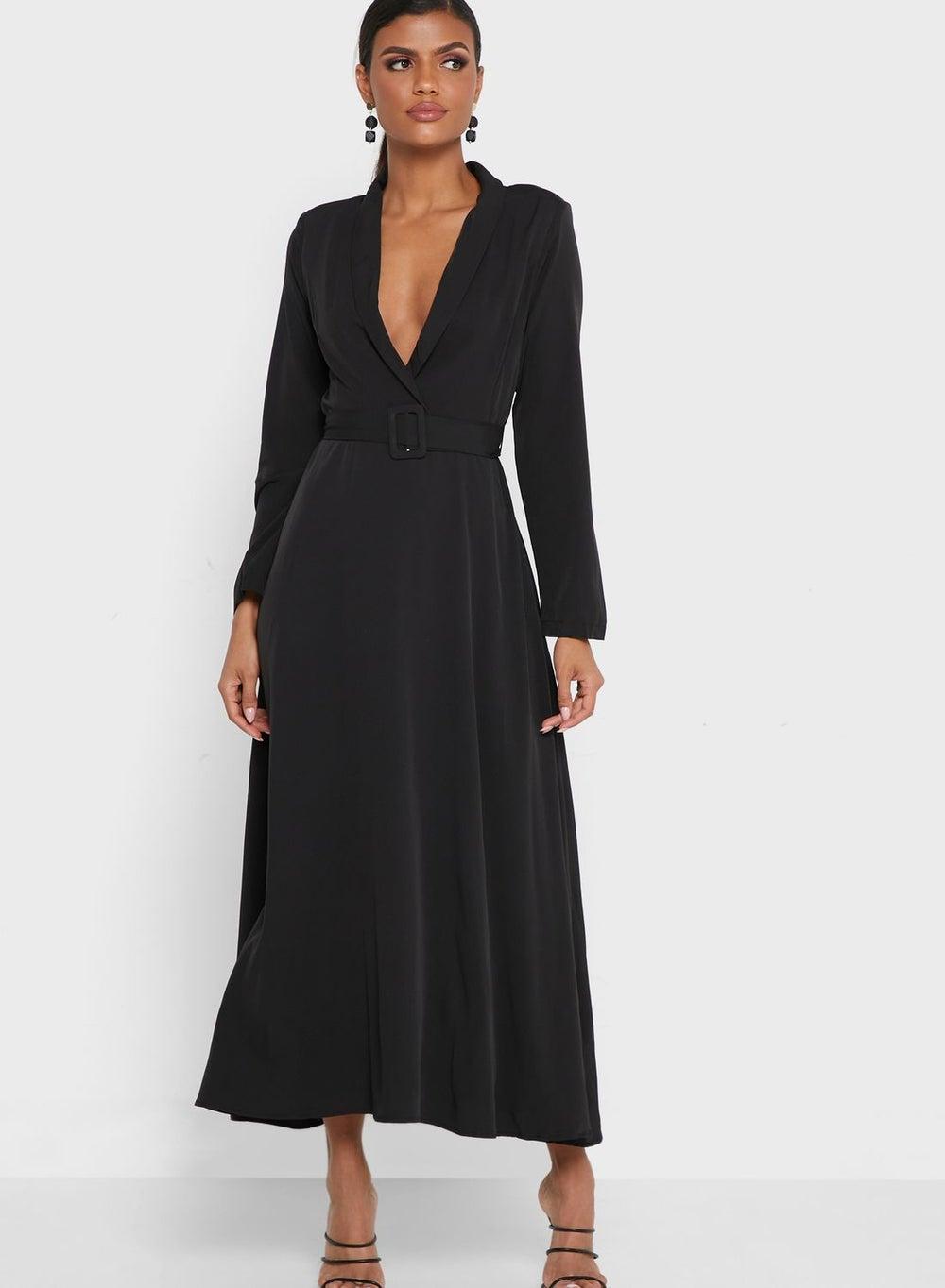 Belted Black Maxi Dress with Wide Lapel Collar - Image 1