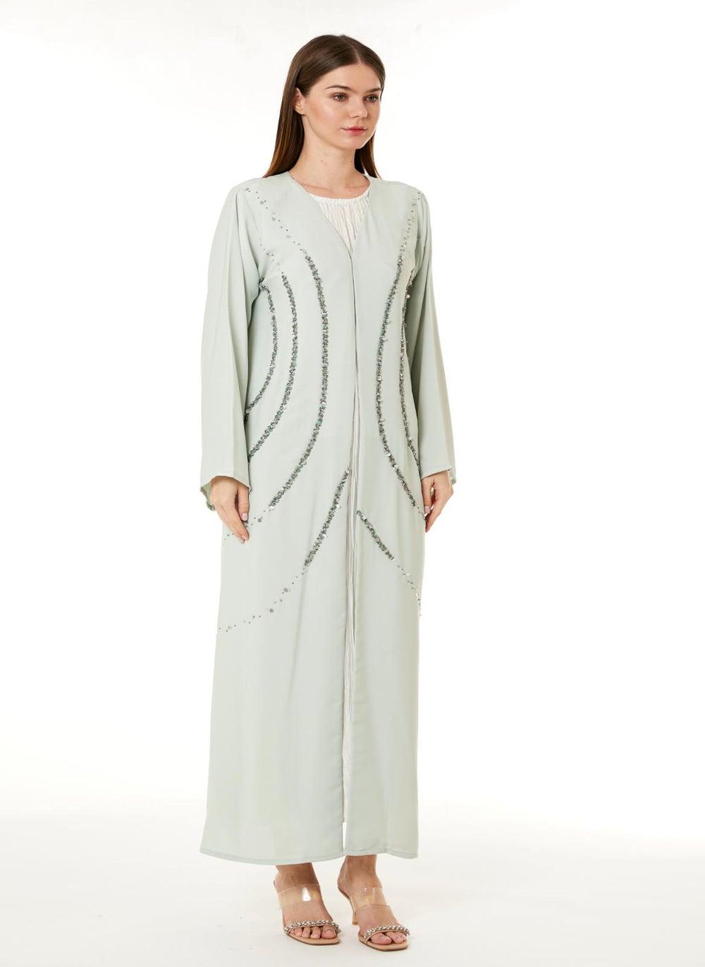 Light Green Indonesian Crepe Hand Embellished Abaya - Image 1