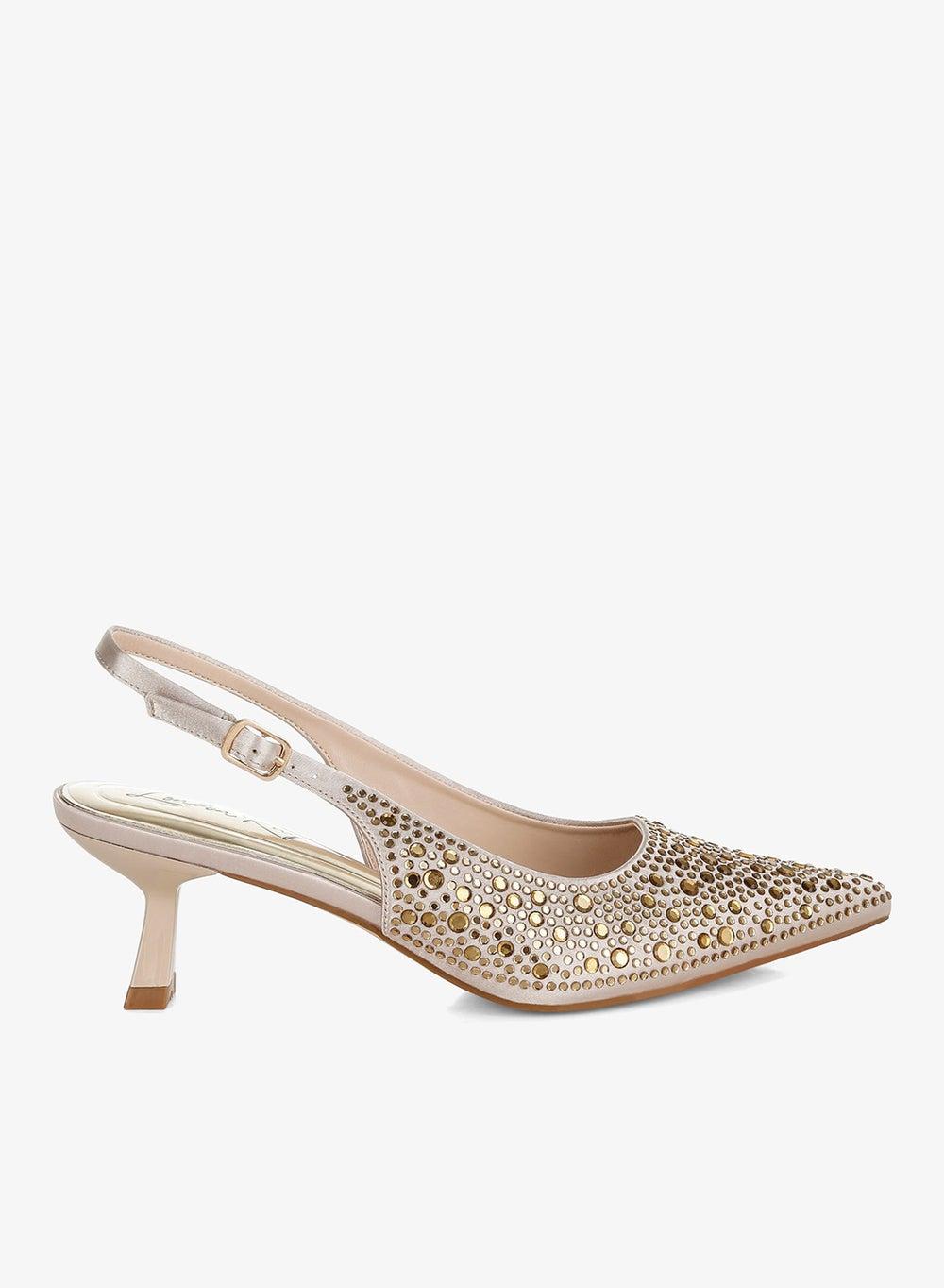Beige Pointed Toe Rhinestone Slingback Kitten Heels - Image 1
