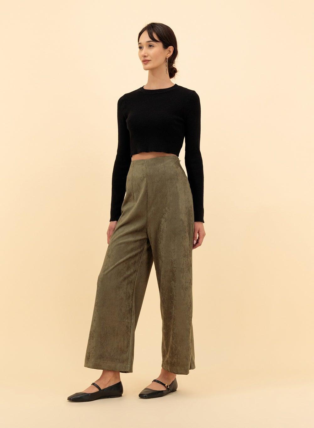 High-Waist Straight Suede Trousers - Image 1