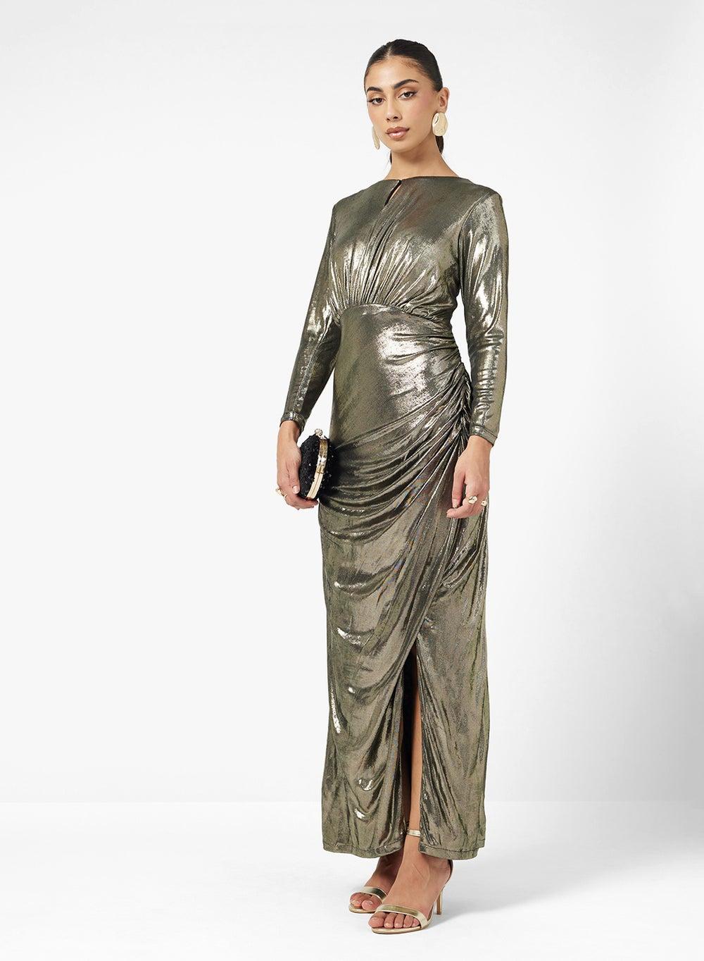 Draped Metallic Maxi Dress with Slit - Image 1