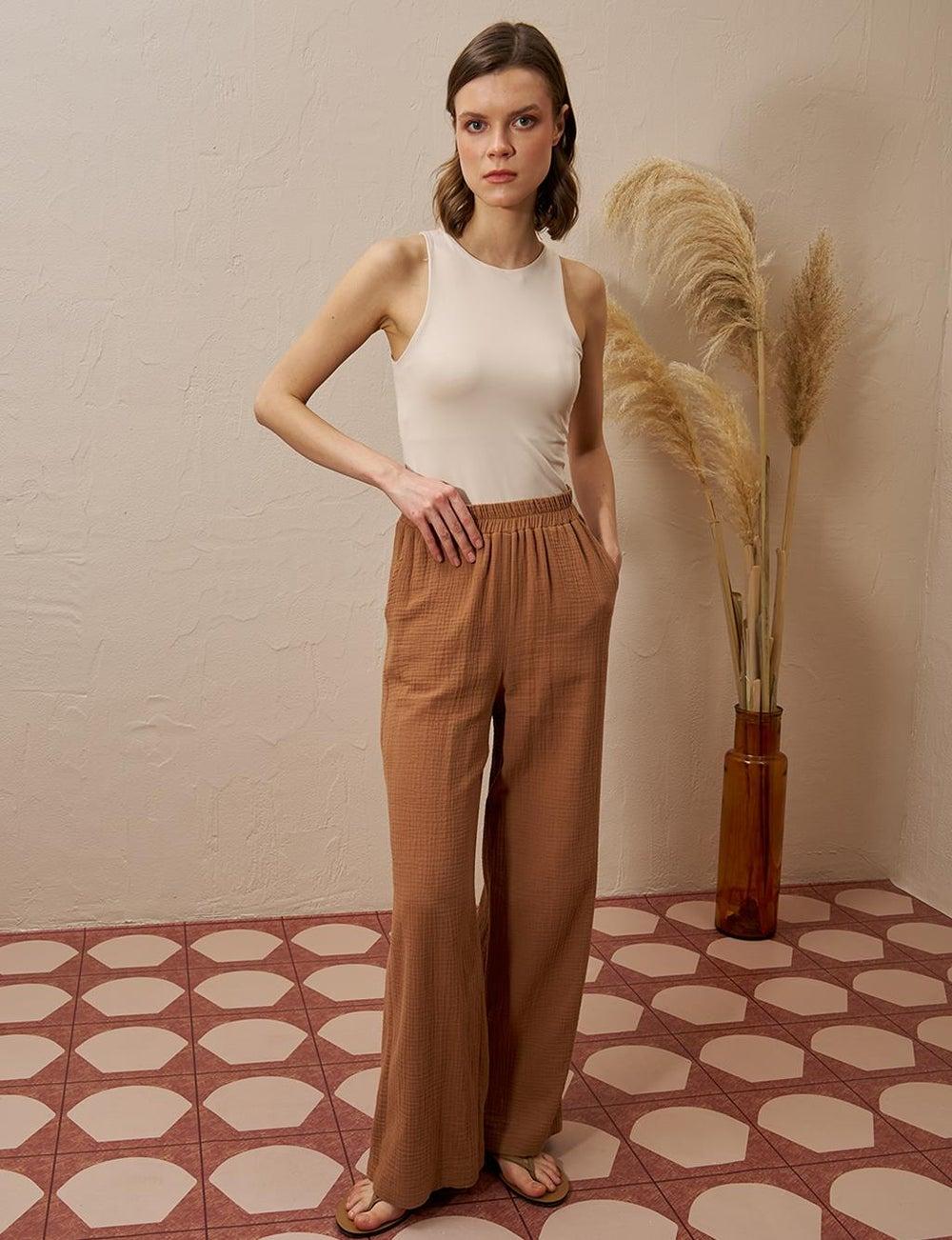 Tobacco Elastic Waist Muslin Wide Leg Trousers - Image 1