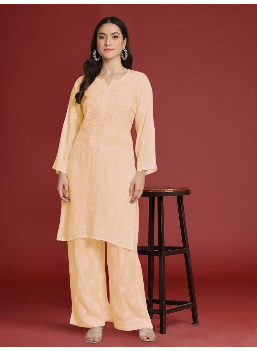 Women Hand Embroidered Lucknowi Chikankari Modal Kurta Set AL3662 - Image 1