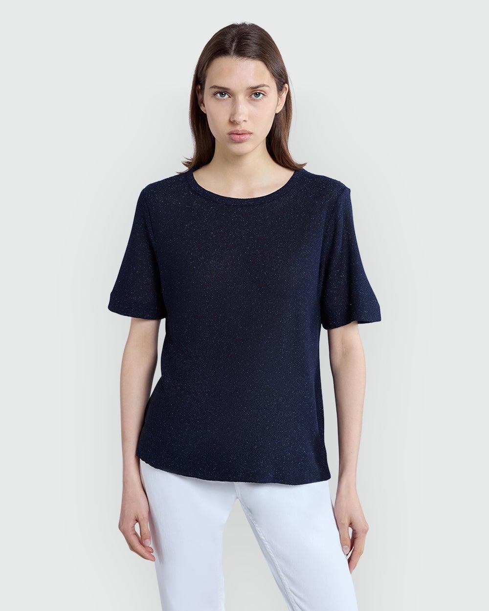 Navy Blue Lurex Short Sleeve Evening Top - Image 1