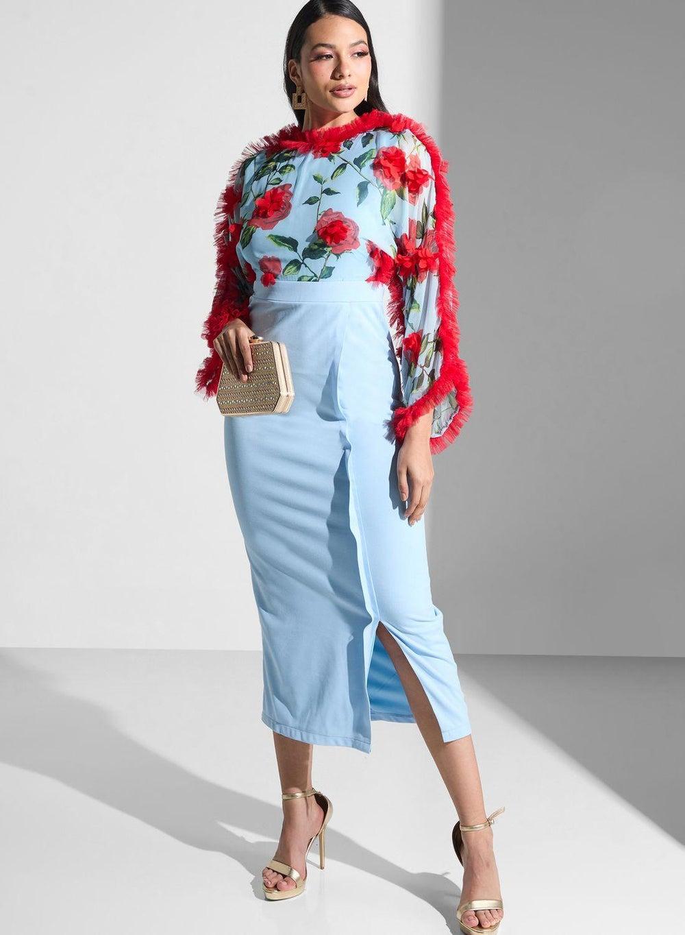 Floral Detail Light Blue Midi Dress with Slit - Image 1