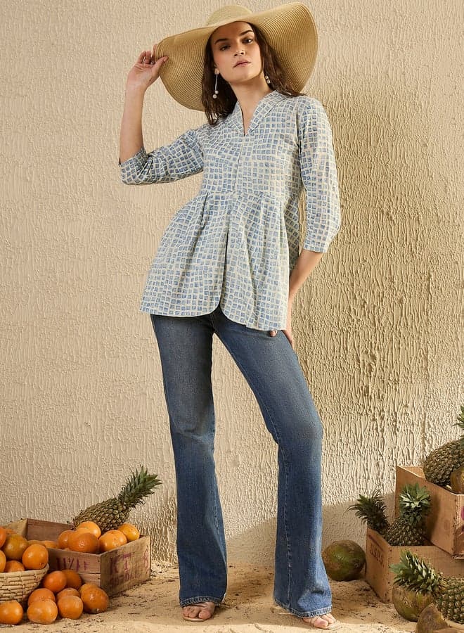 Checked Print Pleated Blouse - Image 1