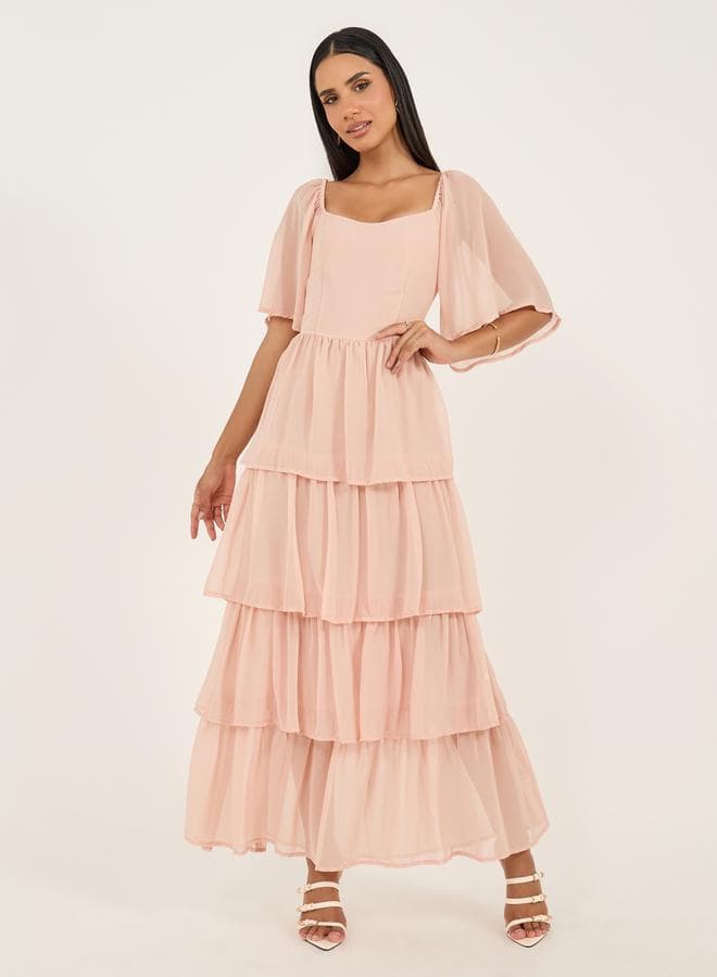 Angel Sleeve Tiered Maxi Dress in Peach Chiffon - Image 1