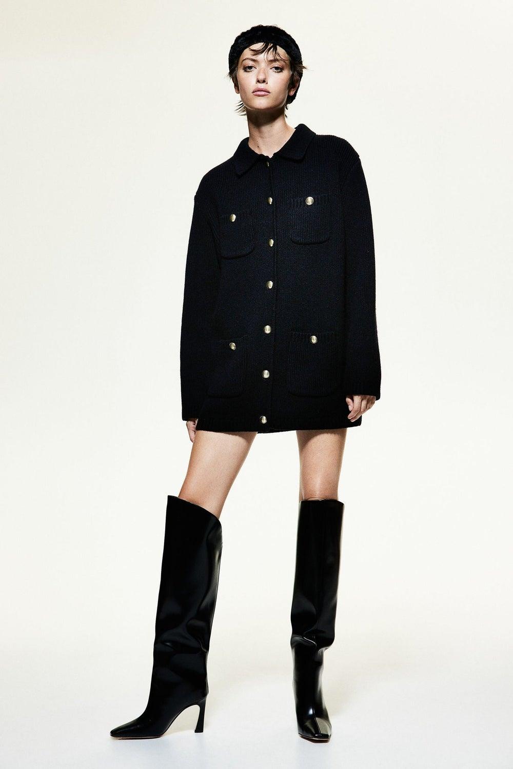 Rib-Knit Wool Cardigan with Collar and Gold Buttons - Image 1