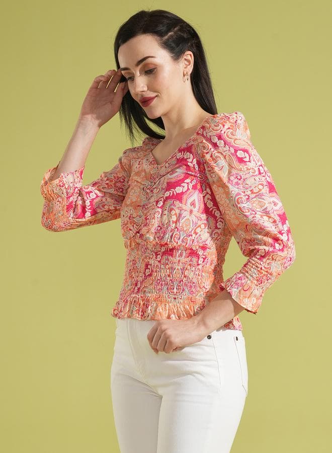 Floral Printed Sweetheart Neck Blouse - Image 1