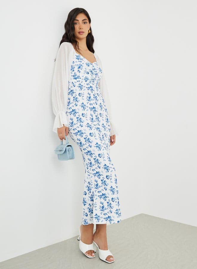 Floral Printed Balloon Sleeve Sweetheart Midi Dress - Image 1