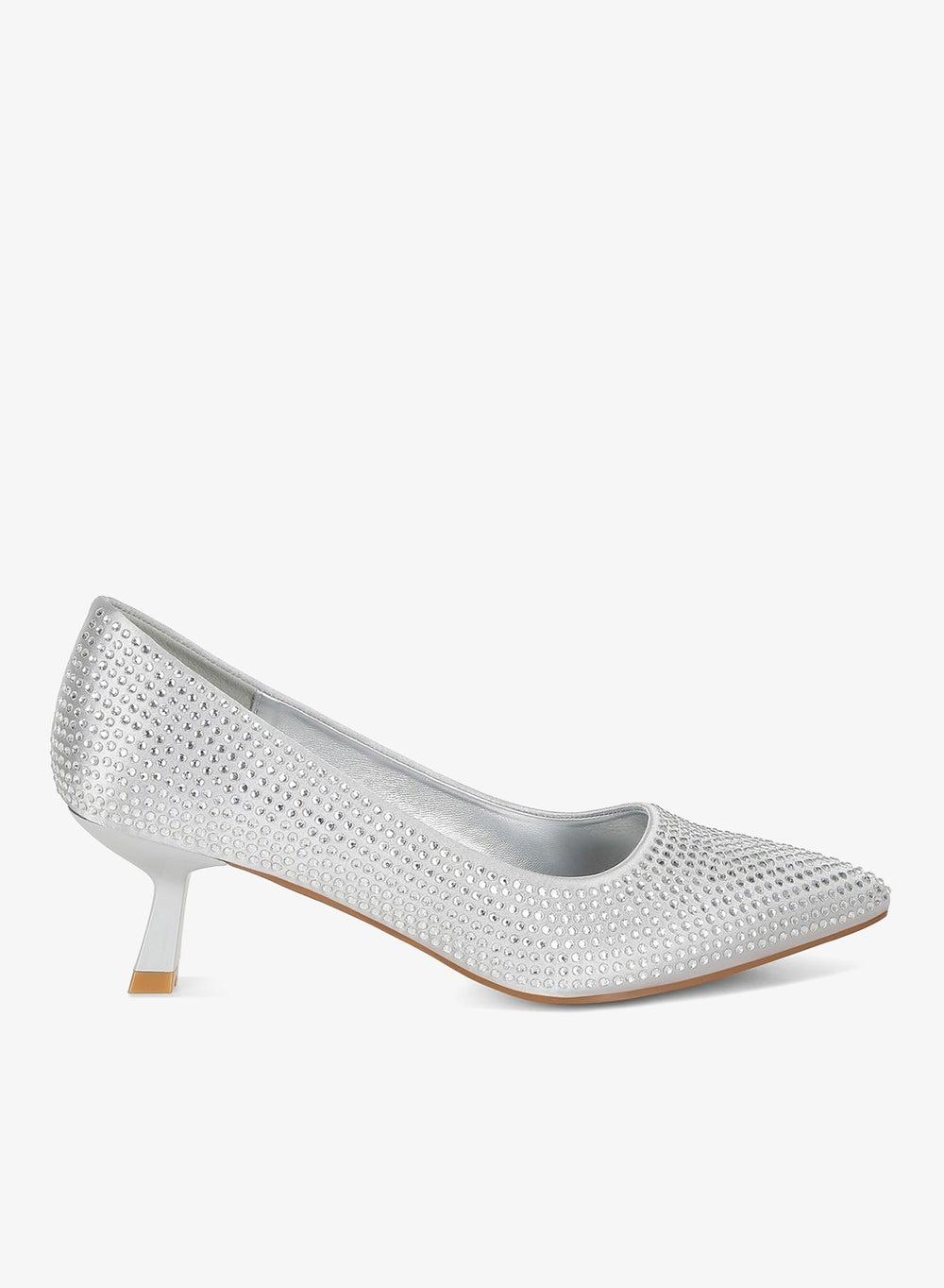 Silver Rhinestone Kitten Heel Pumps for Weddings - Image 1