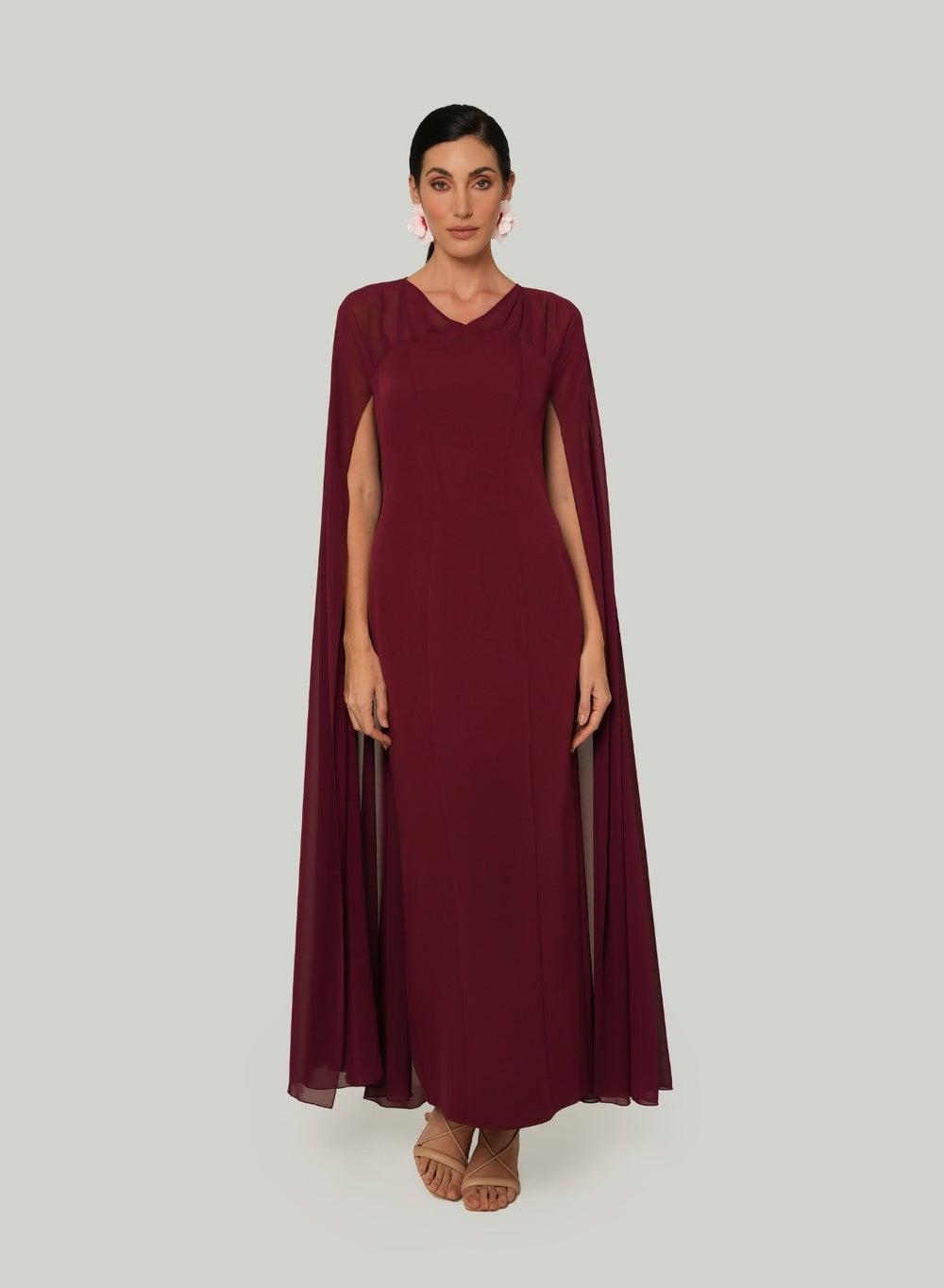 Samah Burgundy Cape Maxi Dress - Image 1