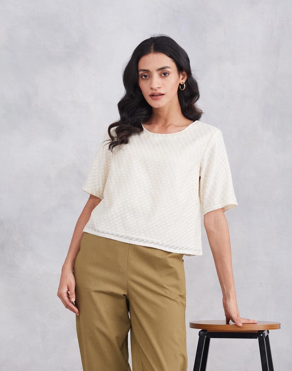 Offwhite Cotton Silk Blend Printed Short Top - Image 1