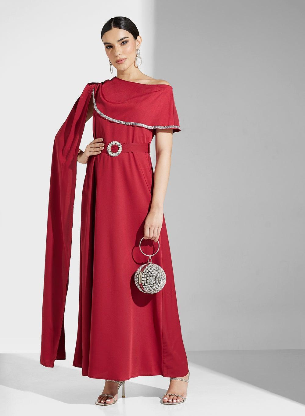 Red One-Shoulder Maxi Dress with Cape Detail - Image 1