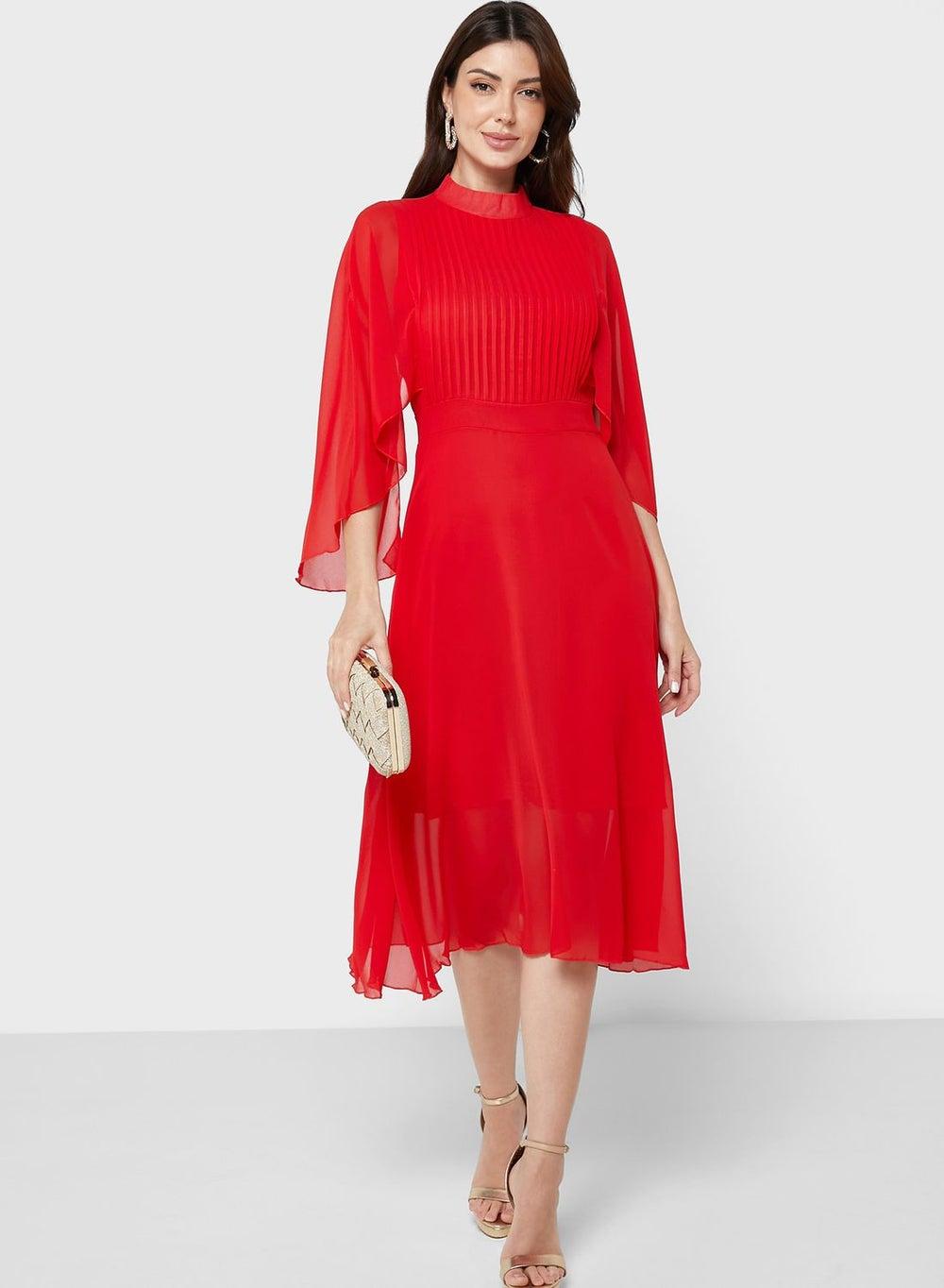 Pleated Chiffon Midi Dress with High Neckline - Image 1
