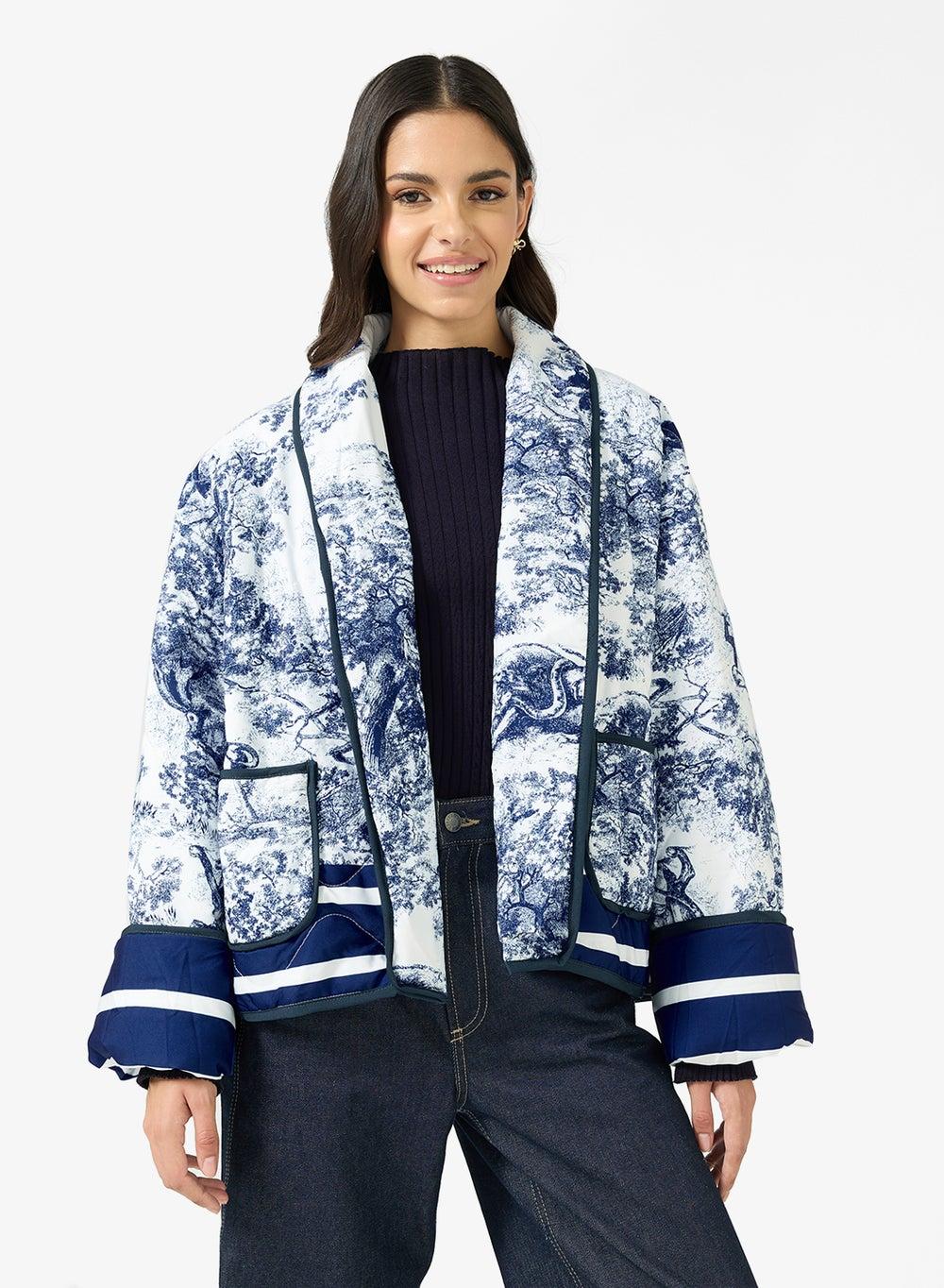 Floral Patchwork Quilted Lapel Collar Jacket - Image 1
