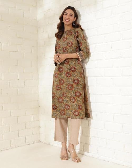 Mustard Cotton Kalamkari Printed Long Kurta - Image 1