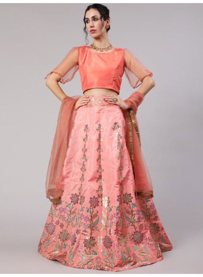 Peach Gold Zari Work Lehenga Choli With Dupatta - Image 1
