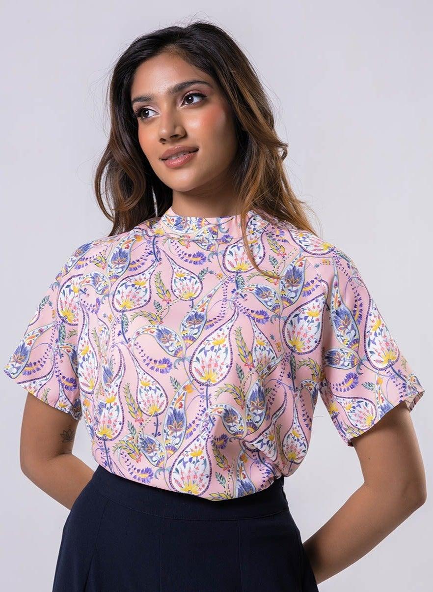 Pink Raglan Sleeve Printed Top for Women - Image 1