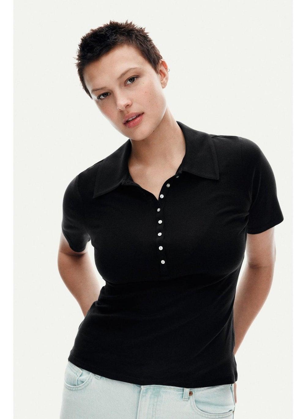 Fitted Sheer Jersey Polo Shirt with Pearly Buttons - Image 1