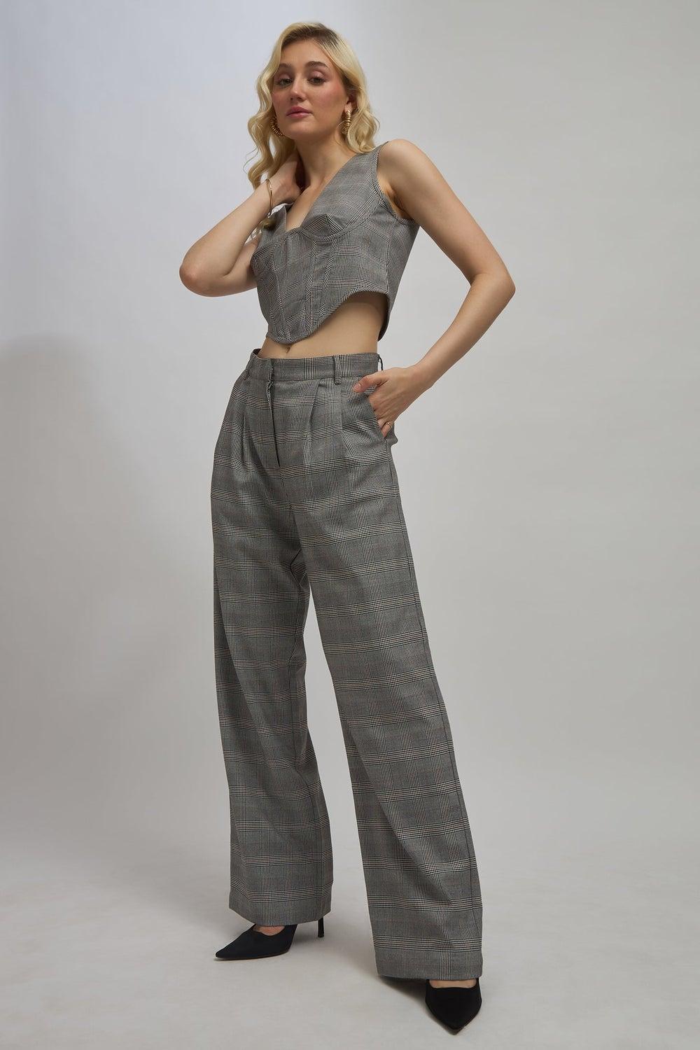 Virgio Women Rescued Poly Grey Checkered Full-Length Trousers - Image 1
