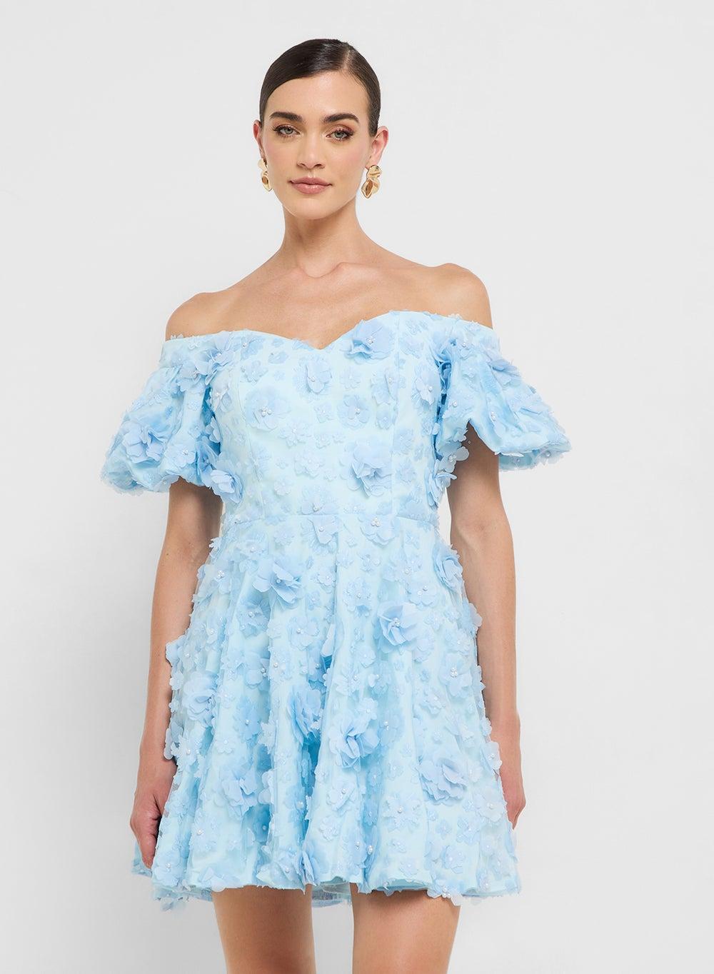 eclat luxe puff sleeve 3D floral applique mini dress - Image 1