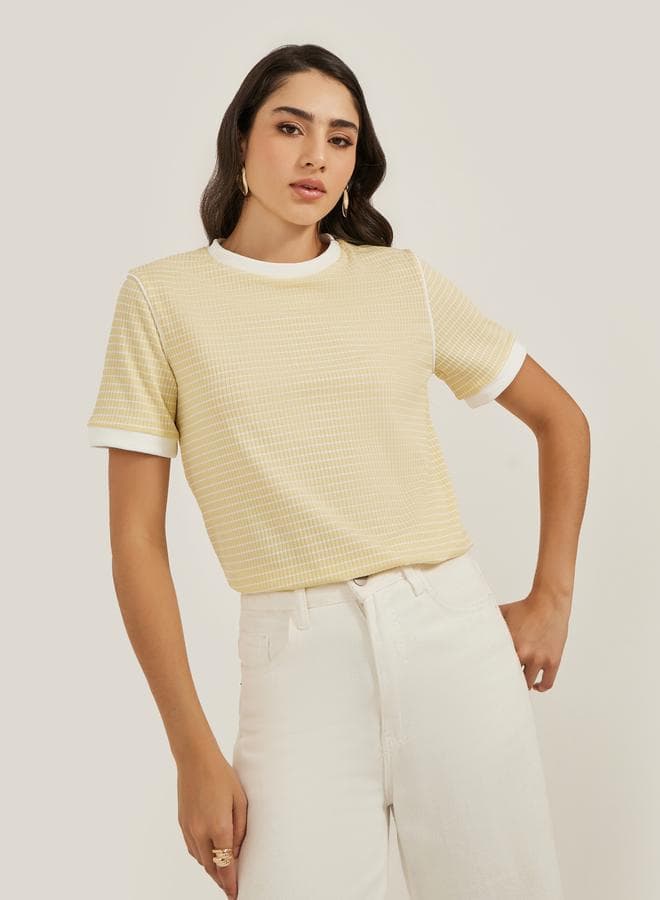 Styli Ribbed Striped Regular Fit Round Neck T-Shirt - Image 1