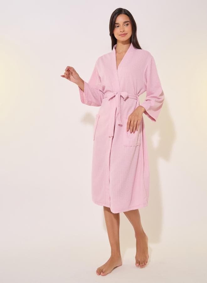 Textured Long Sleeve Waist Tie-Up Robe - Image 1
