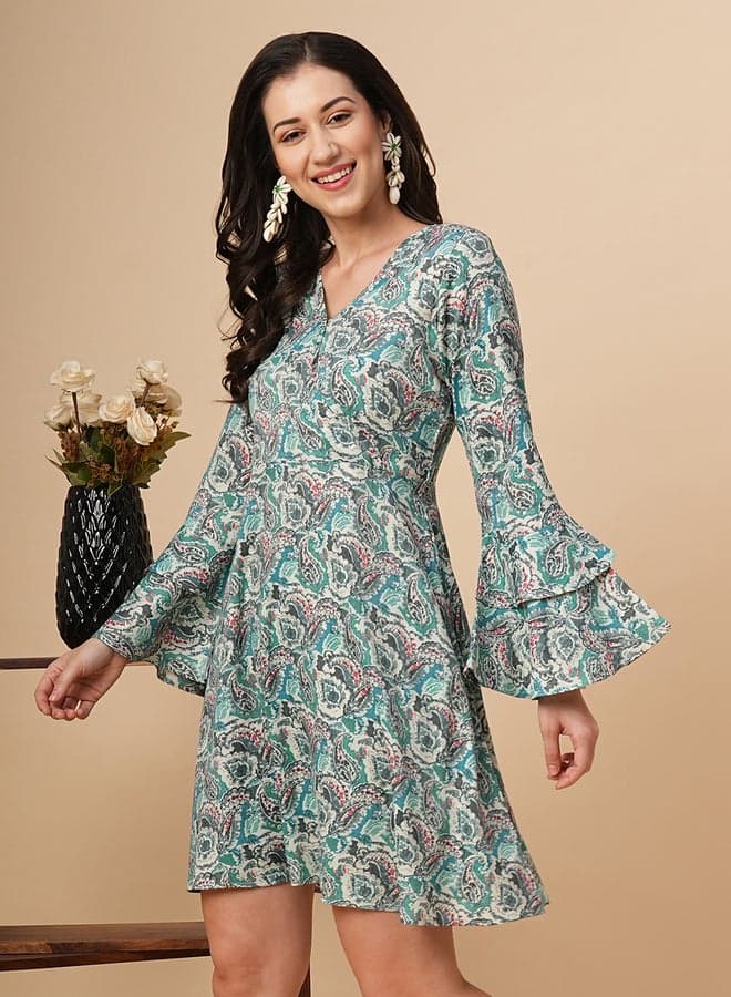 Women All-Over Print V Neck A-Line Mini Dress - Image 1