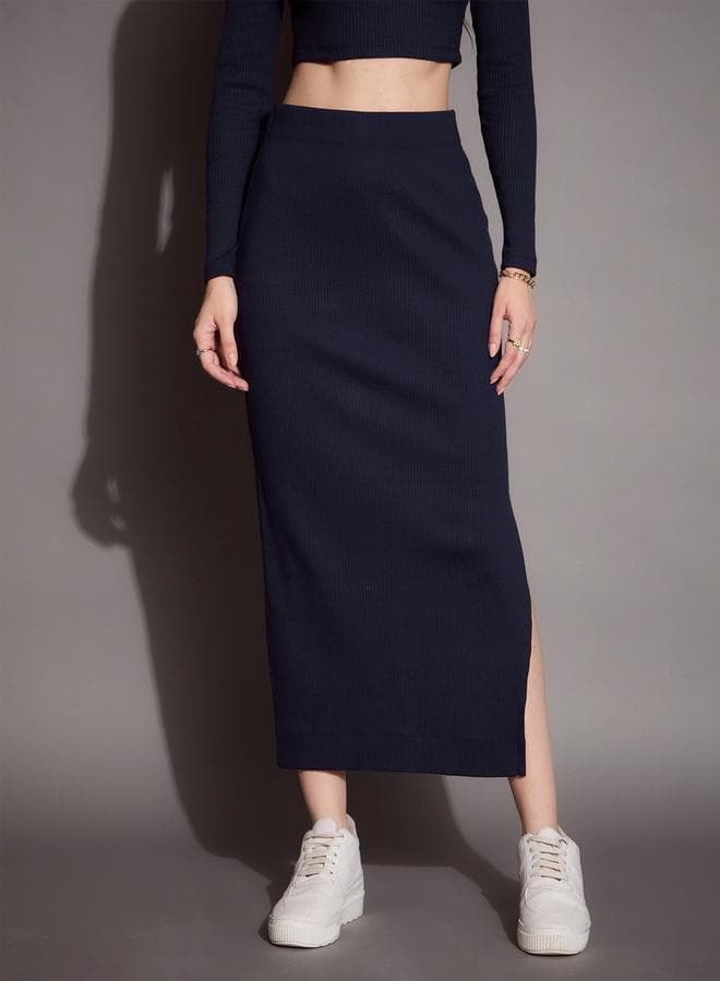 Dark Blue Ribbed Pencil Skirt with Side Slit - Image 1