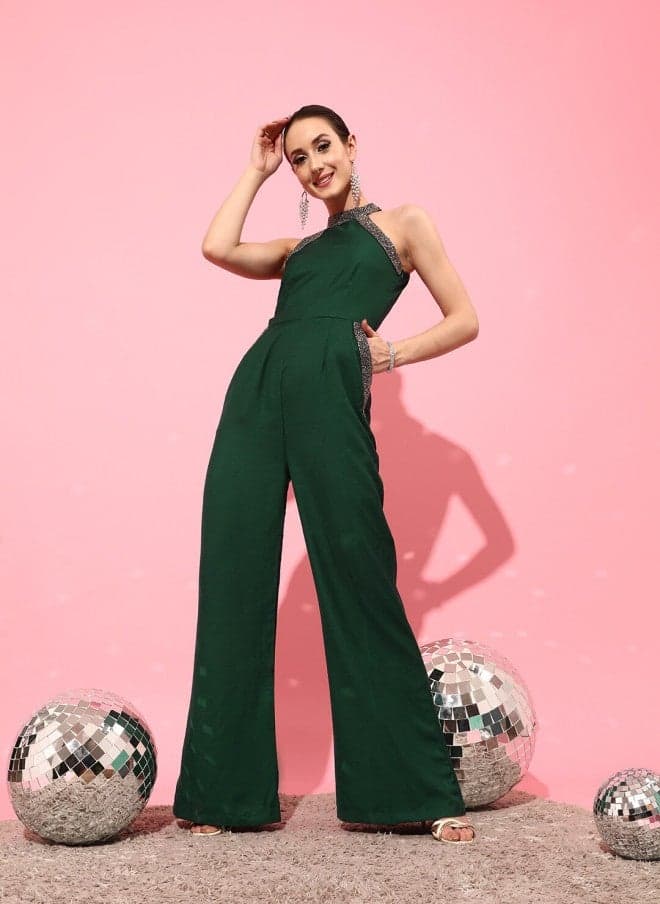 Green Embellished Sleeveless Jumpsuit with Pockets - Image 1