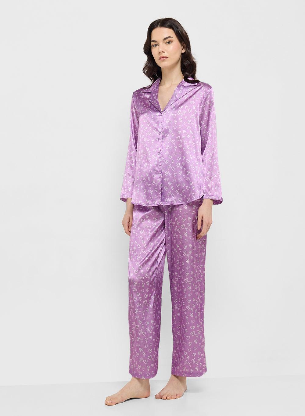 Heart Print Button Down Shirt & Pyjama Set - Image 1