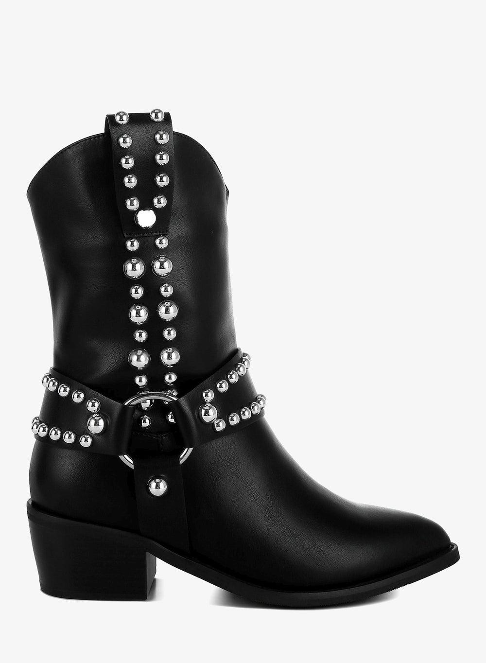 Studded Harness Detail Black Ankle Boots SH5103 - Image 1