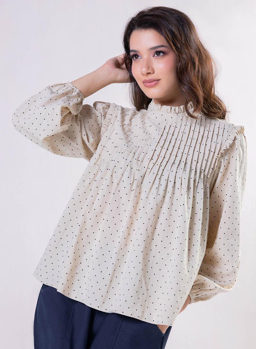 Pintuck Polka Dot Printed Top with Detailed Front - Image 1