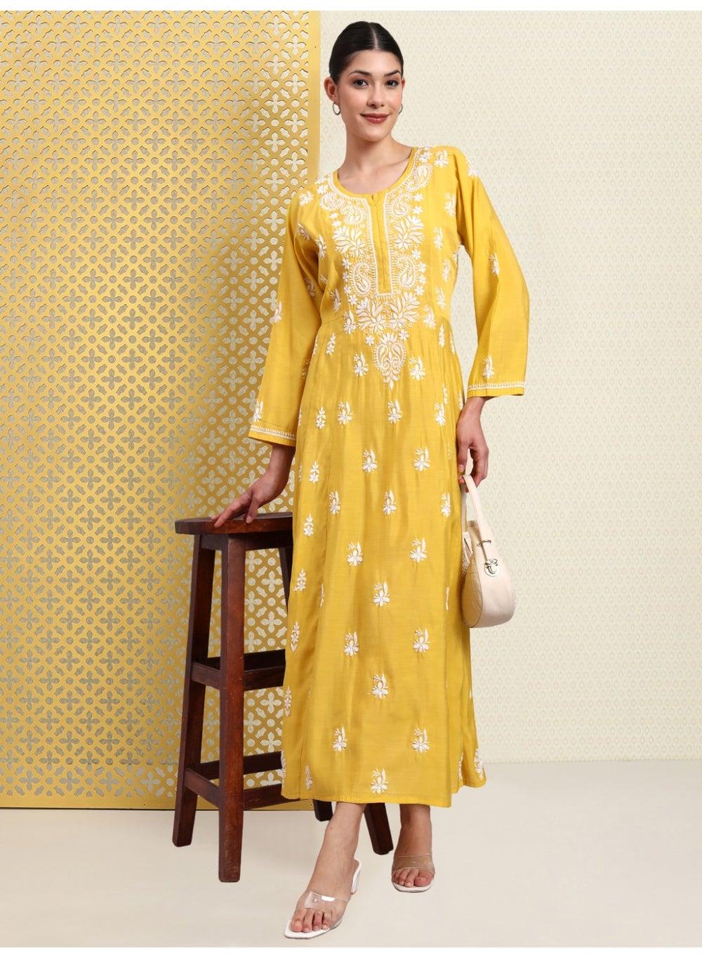 Hand Embroidered Chikankari Chanderi Jalabiya AL4088 - Image 1