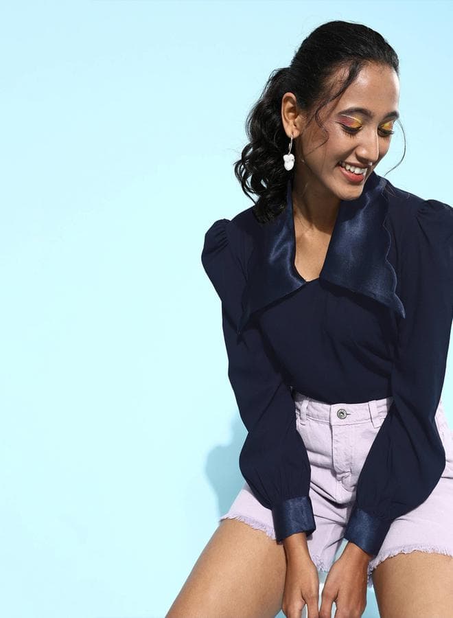 Mish Satin Collar Top with Scallop Edge and Puff Sleeves - Image 1