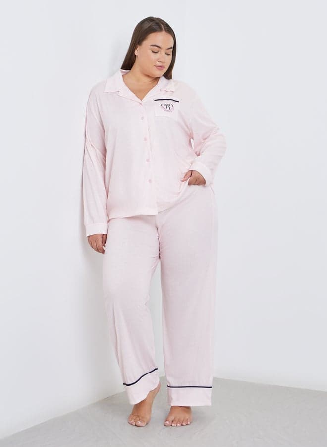 Styli Plus Bow Print Striped Pocket Pyjama Set - Image 1