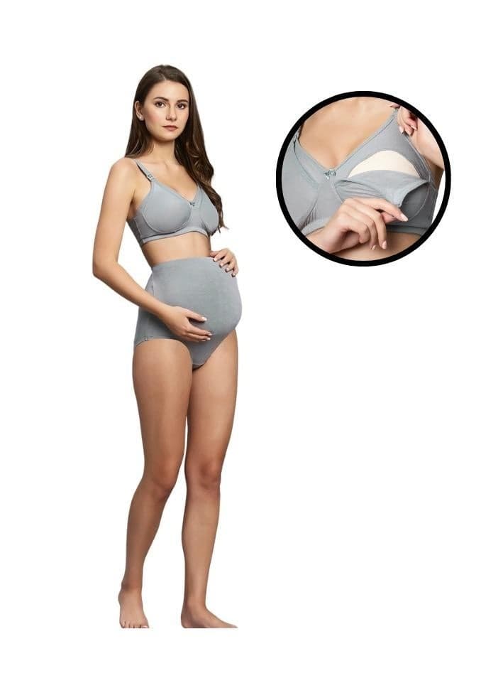 TUMMY Bamboo Cotton Grey Nursing Bra & High Waist Panty Set - Image 1