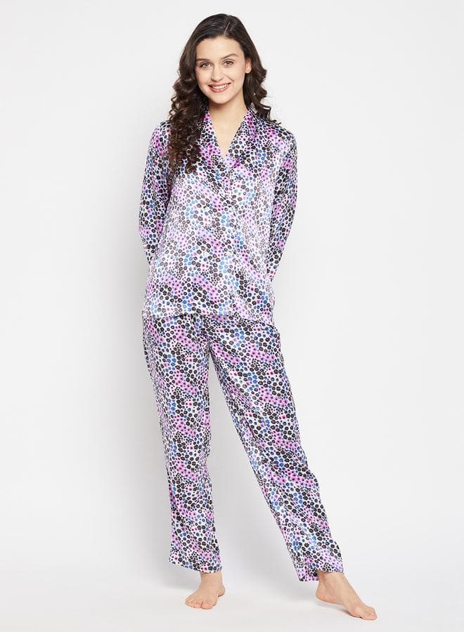 Floral Print Shawl Lapel Shirt and Pyjama Set - Image 1