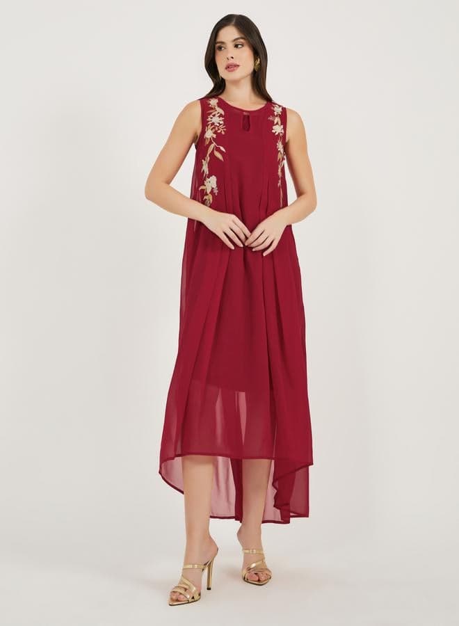 Styli Embroidered Sleeveless Burgundy Maxi Dress - Image 1