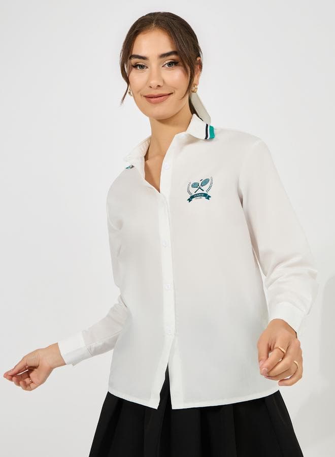 Ribbed Collar Shirt with Minimal Print - Image 1