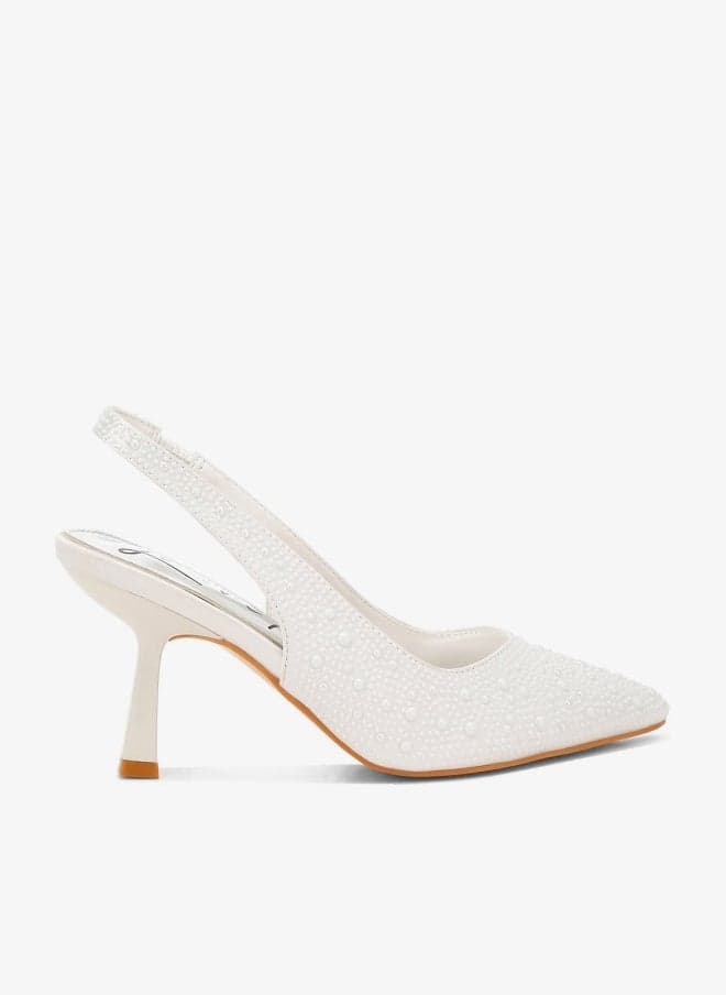 White Satin Pearl Slingback Kitten Heel Sandals - Image 1