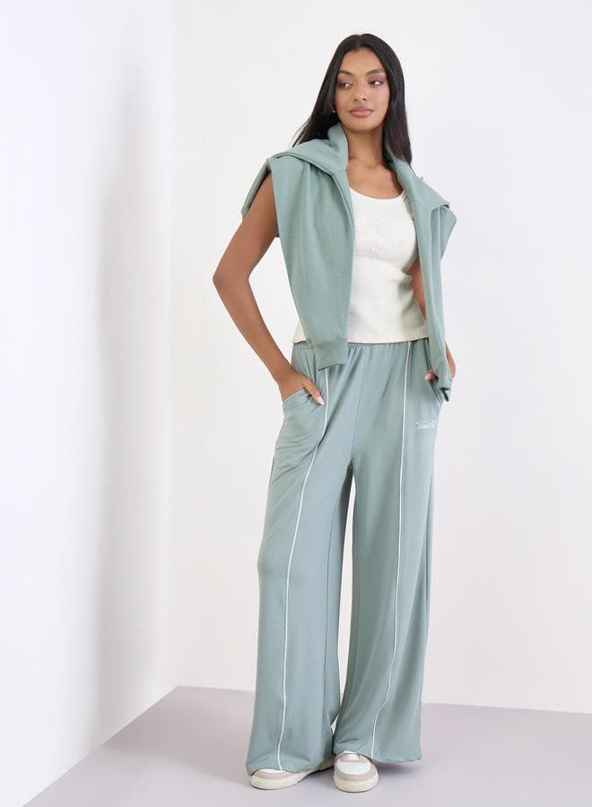 Green Wide Leg Joggers with Piping Detail - Image 1