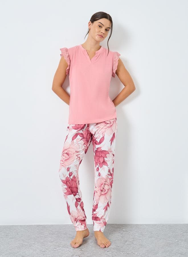 Styli V Neck Lace Shoulder Floral Cuffed Pyjama Set - Image 1