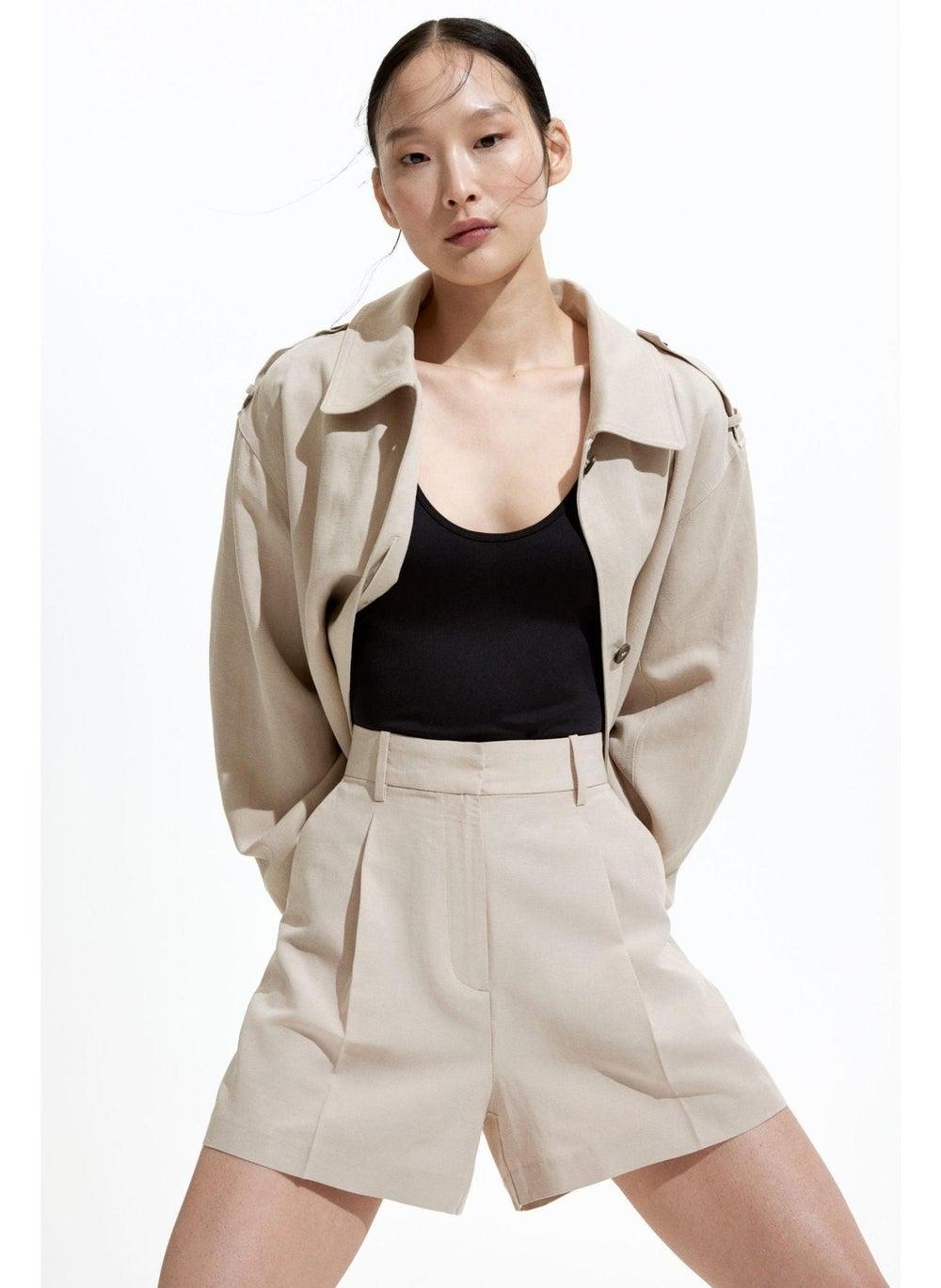Tailored Linen-Blend High-Waist Shorts - Image 1